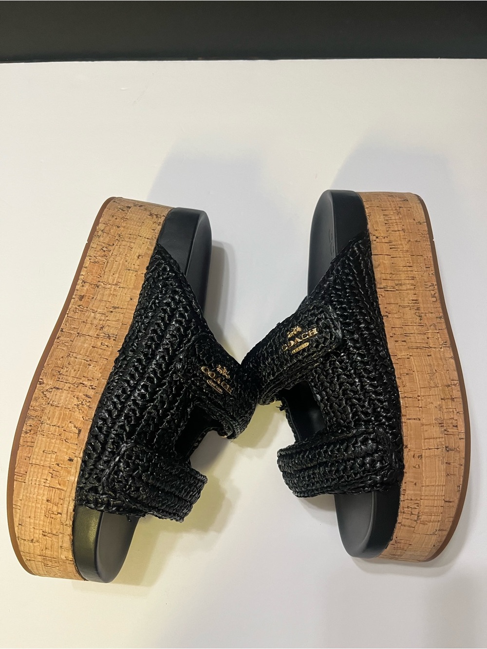 Coach Black Woven Cork Platform Sandals